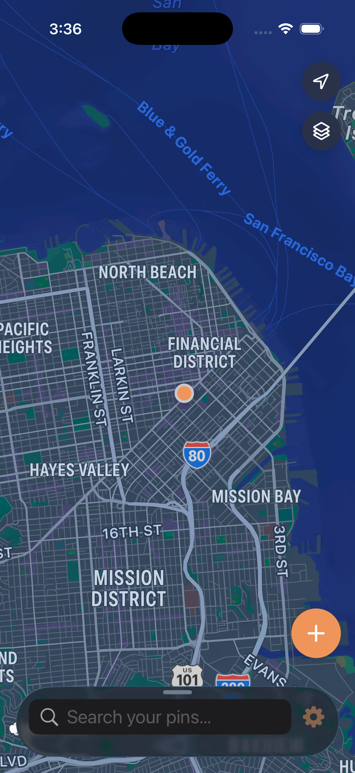 MapPal showing a map of saved places in San Francisco